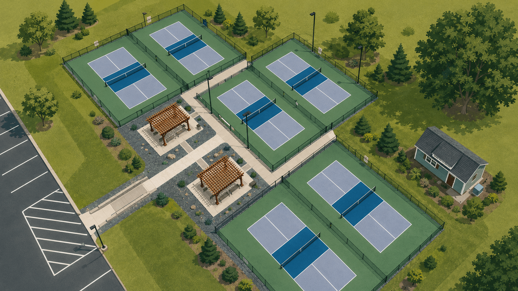 Aerial view of the Woodland Courts complex